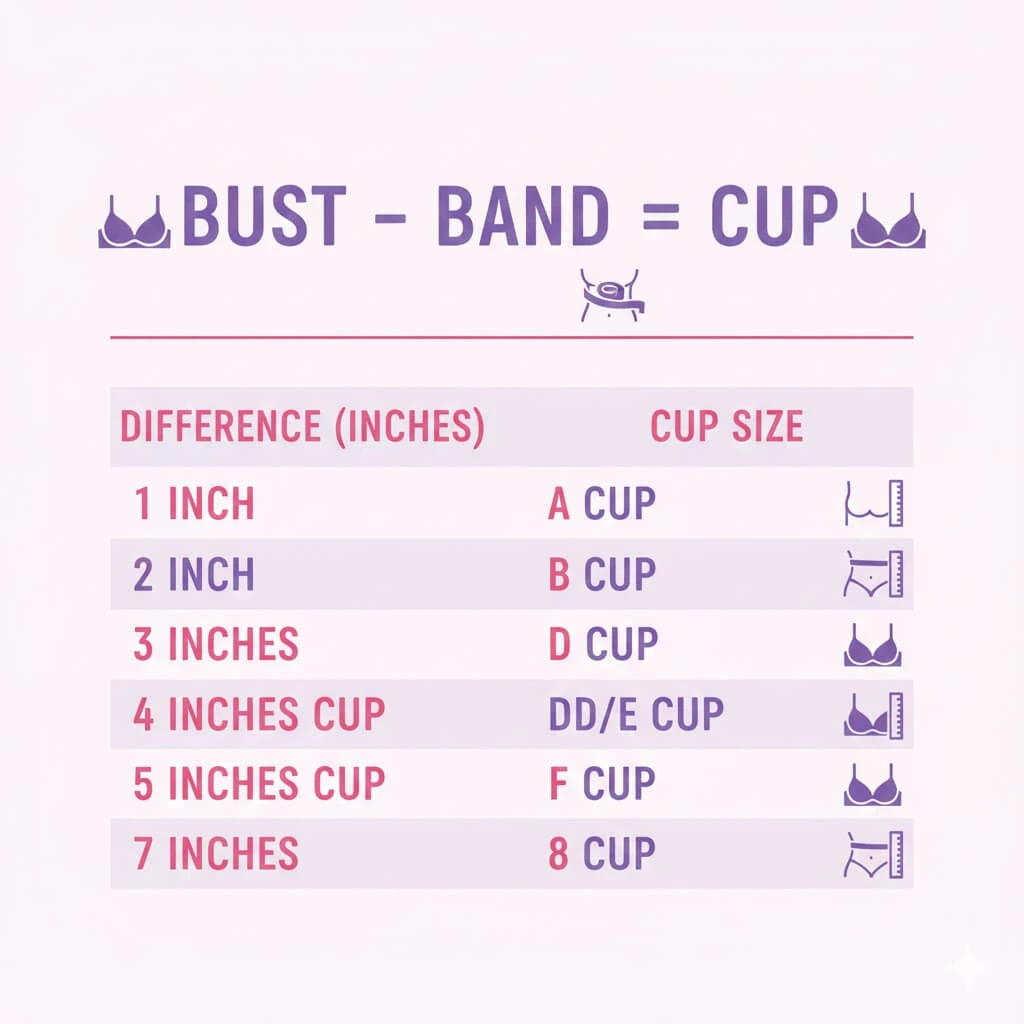 bra cup size calculation chart showing bust minus band difference for A to DDD cups