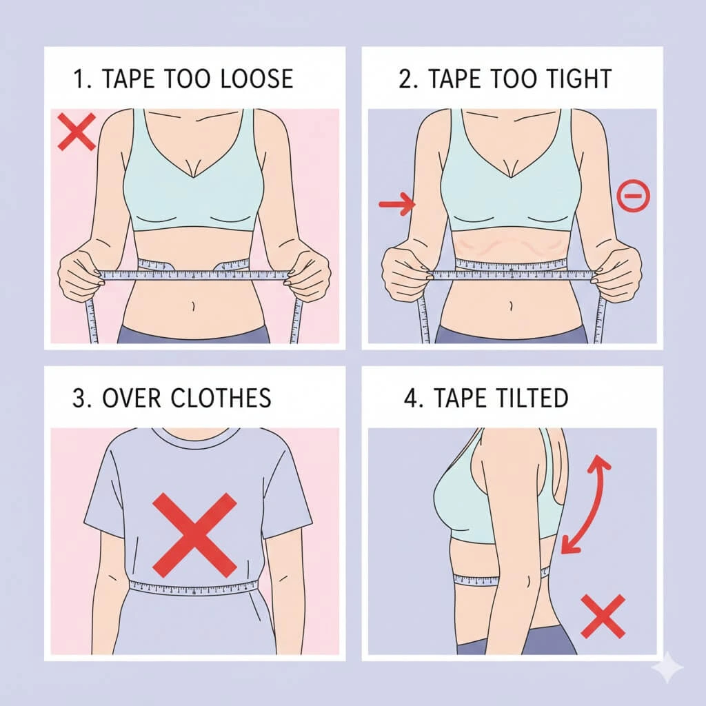 infographic of common bra measuring mistakes such as loose tape and tilted tape position