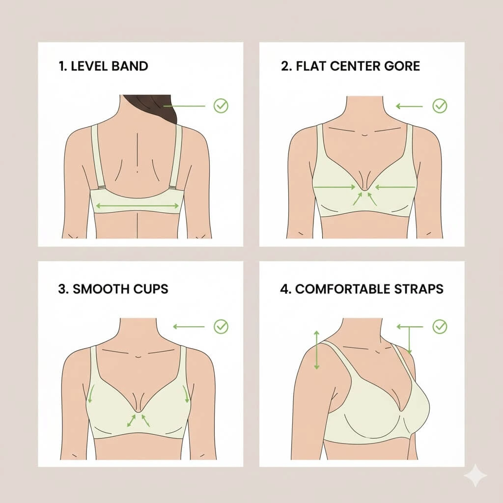 diagram showing correct bra fit with level band, flat center gore, and smooth cup edges
