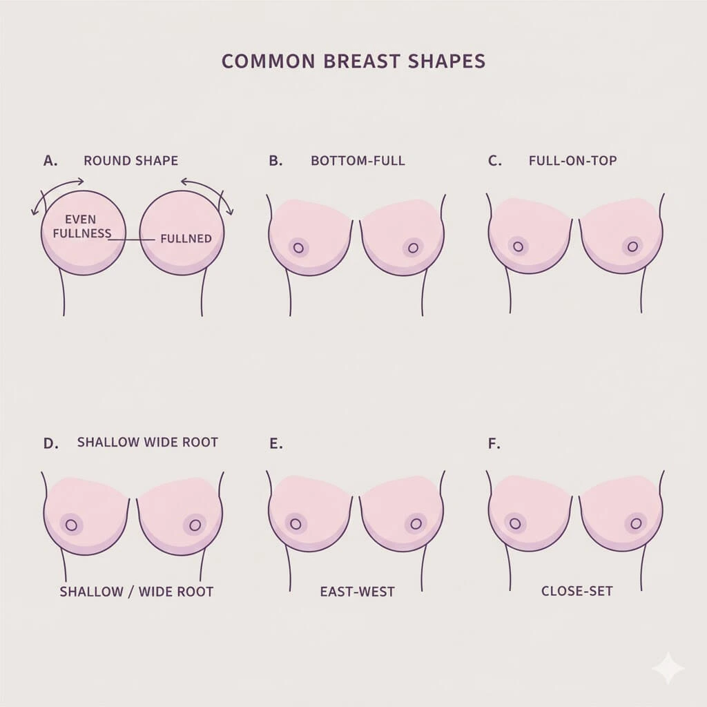 breast shape guide showing round, bottom-full, full-on-top, shallow, east-west, and asymmetrical shapes for better bra fitting
