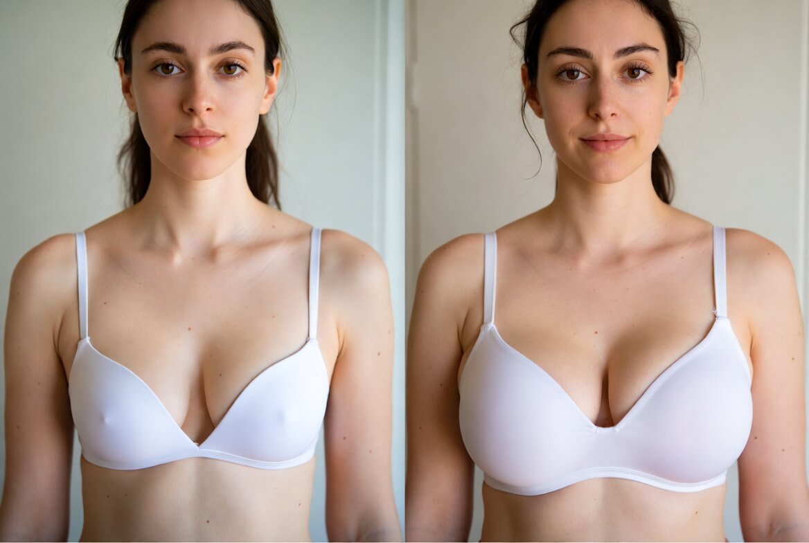 Real 32AA cup minimal volume front view body-positive unedited natural light 2026
