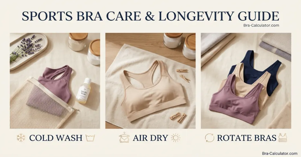 Sports bra care and longevity guide showing washing drying and rotation tips