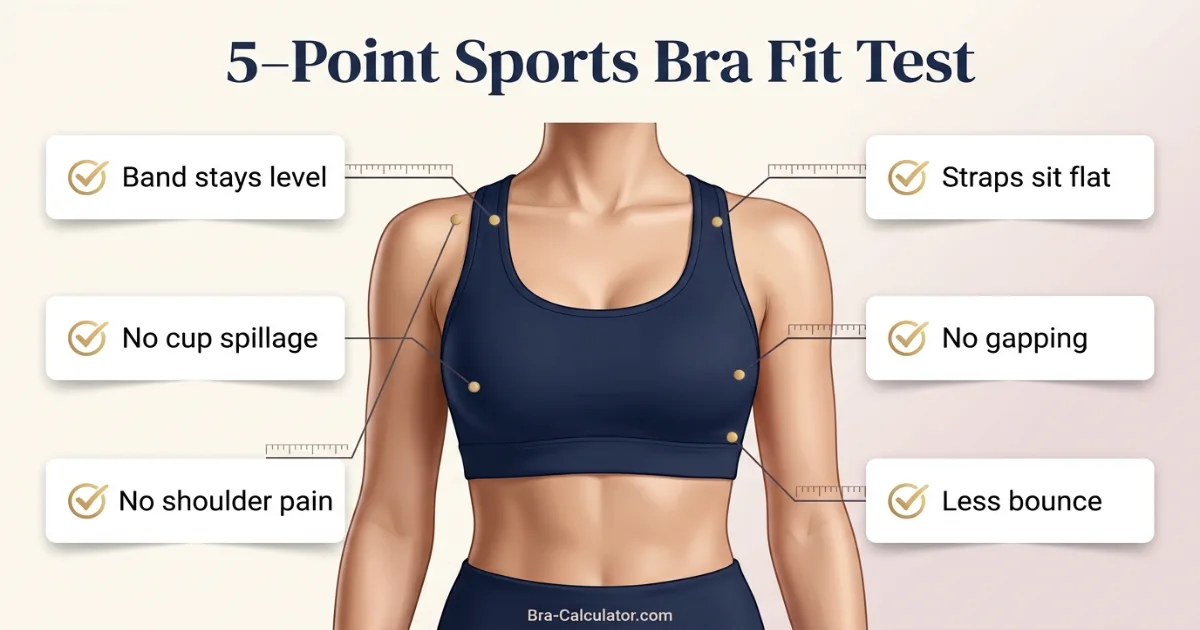 Sports bra fit test checklist with band straps cup coverage and bounce control