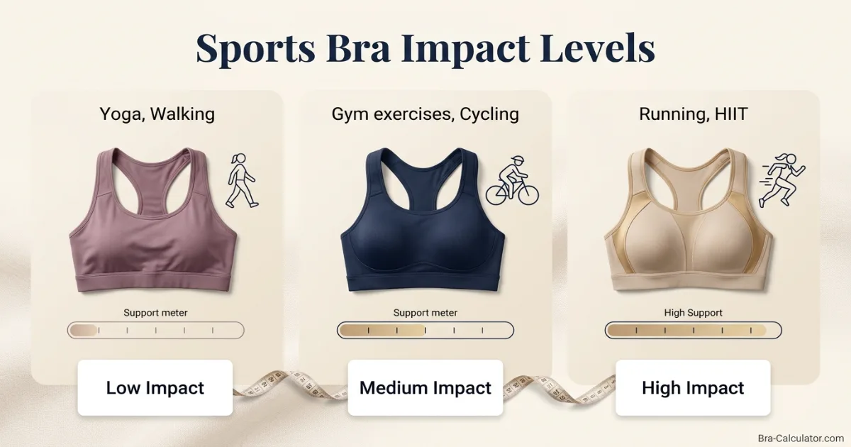Sports bra impact levels guide showing low medium and high support options