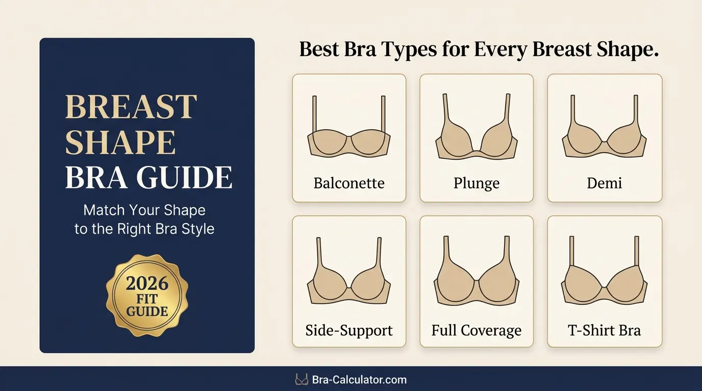 Best bra types for every breast shape visual guide with navy and gold Bra Calculator branding