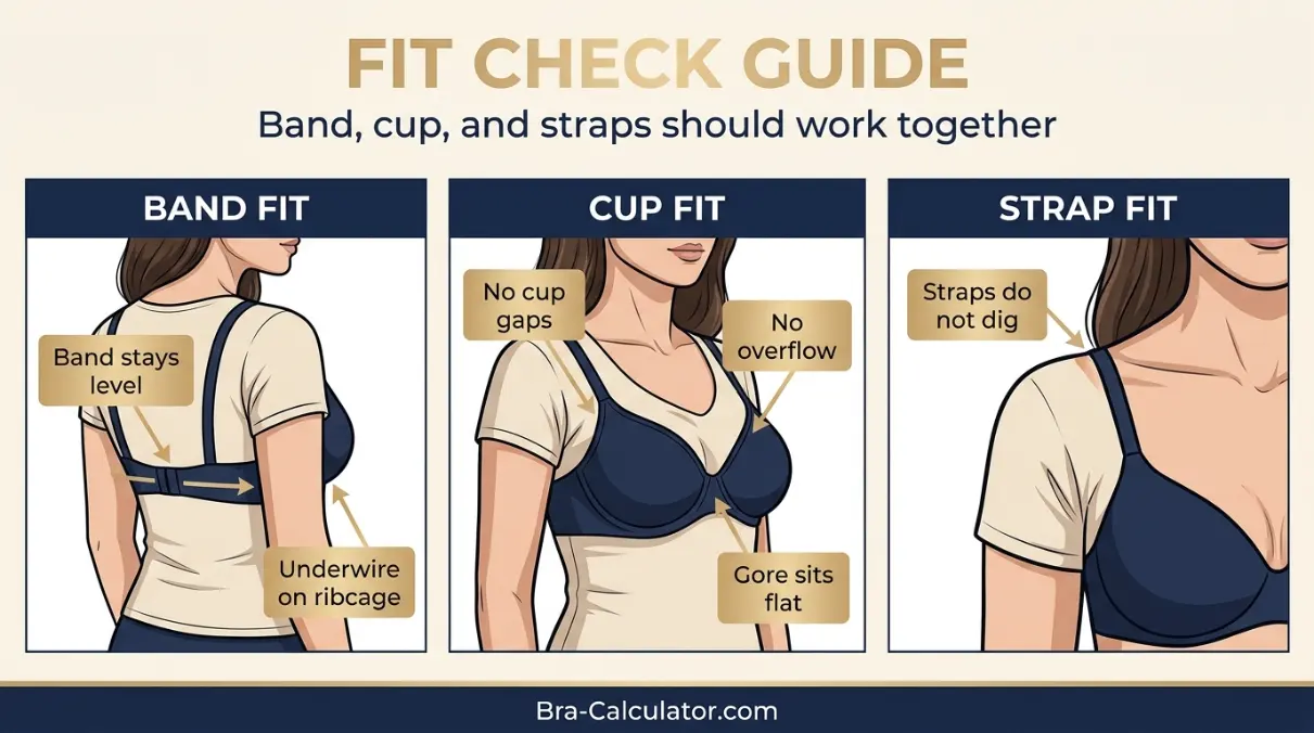 Bra cup fit check guide showing cup gaping, overflow, and smooth contained fit