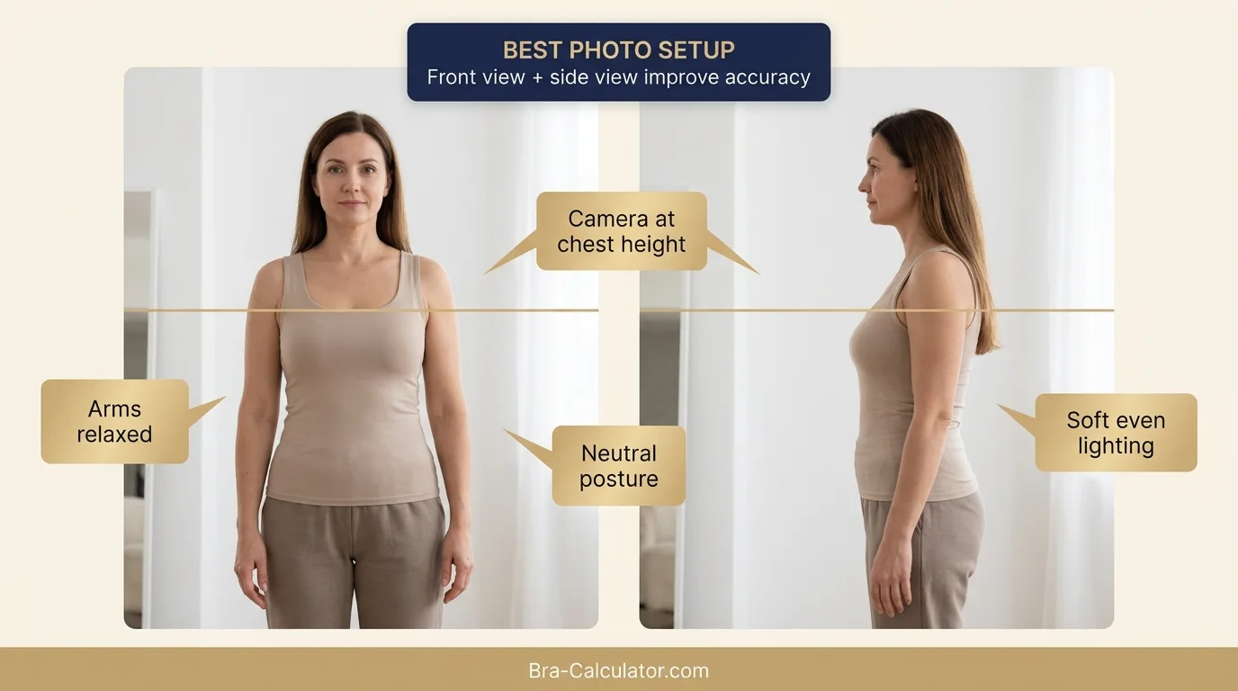Woman standing in neutral posture for front and side photos used in bra size estimation