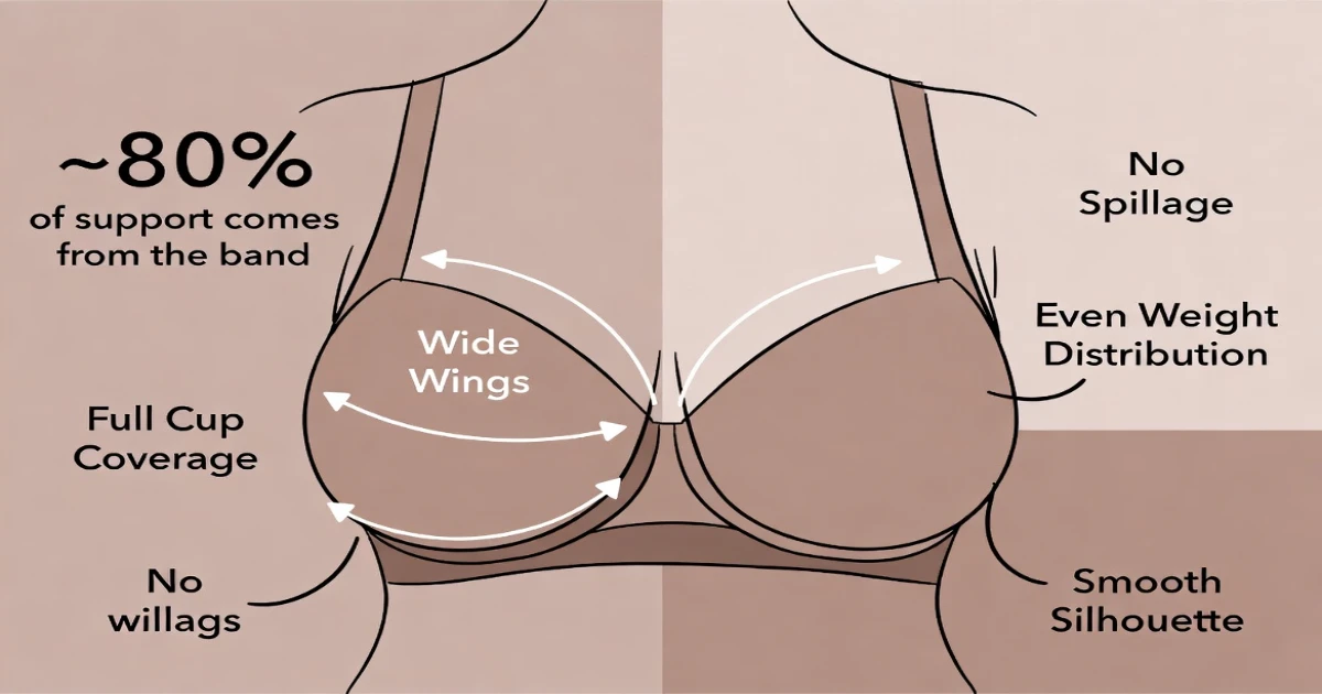 Full coverage DD bra support guide showing secure band and complete cup containment