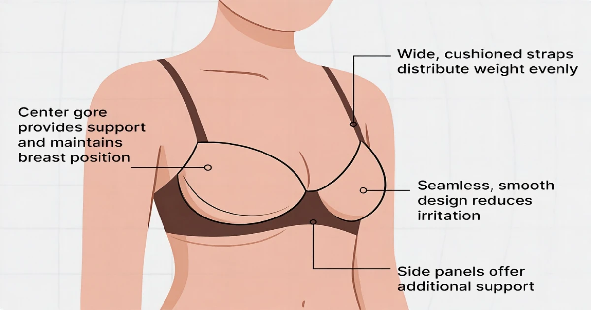 Support features of a full coverage DD bra including band straps cups and side panels