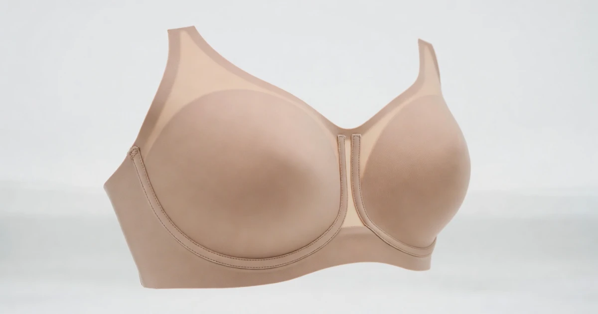 Supportive wire-free bra for large breasts showing shaped cups and side support