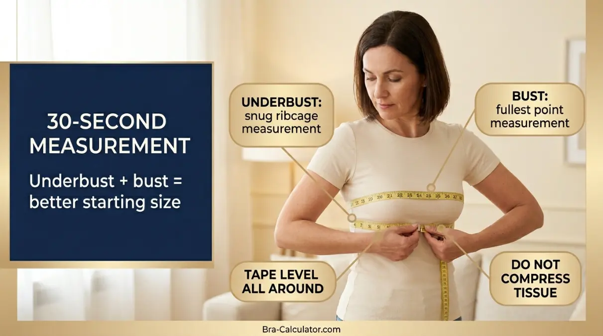 Underbust and bust measurement guide showing tape measure placement for bra sizing