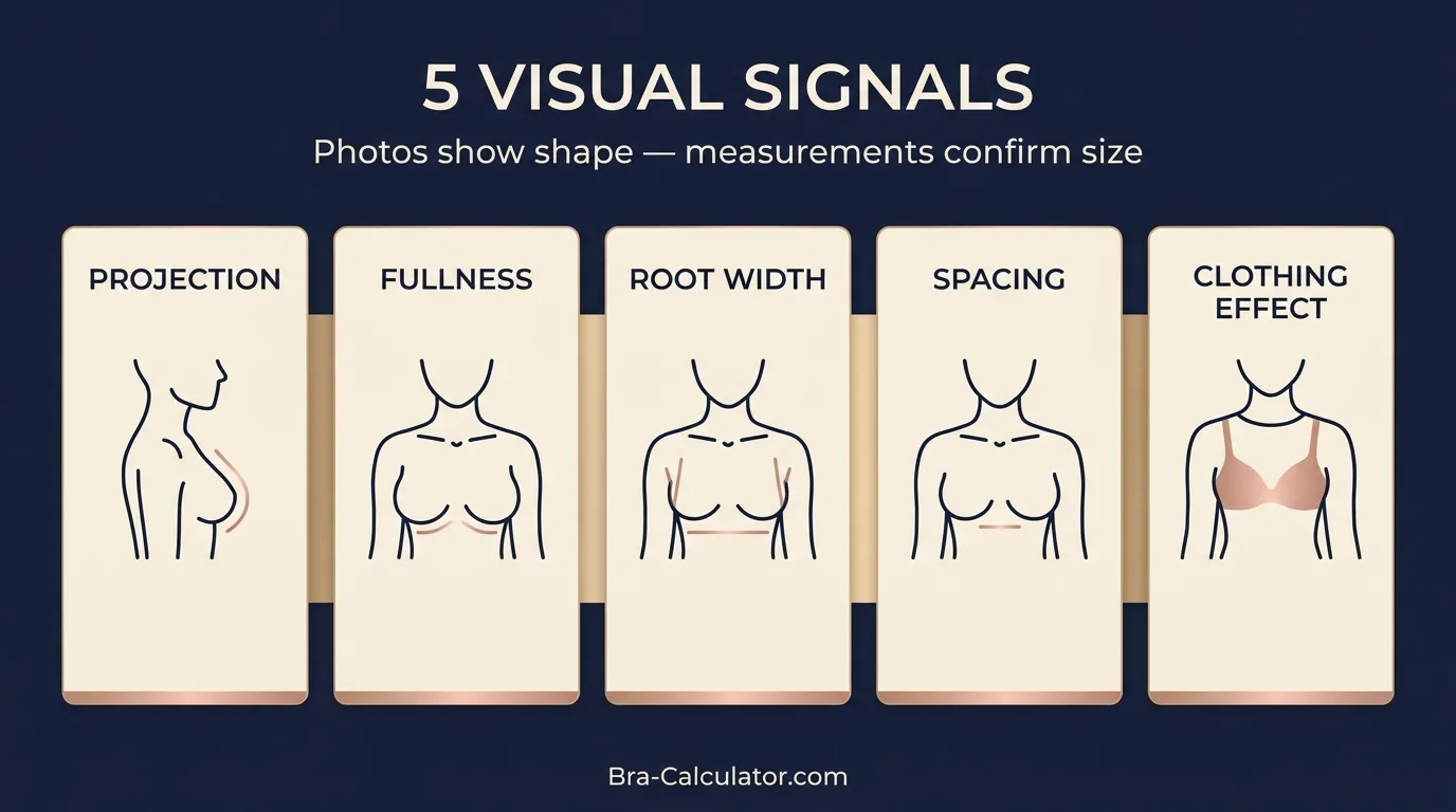 Educational diagram showing five visual signals for bra size estimation including projection, fullness, root width, spacing, and clothing effect