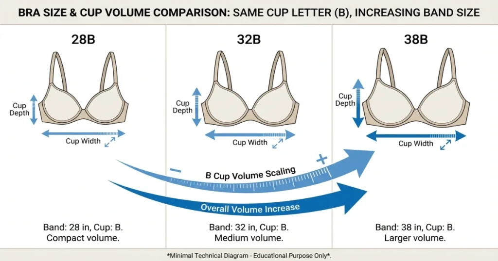 Comparison of 28B vs 32B vs 38B cup volume scaling