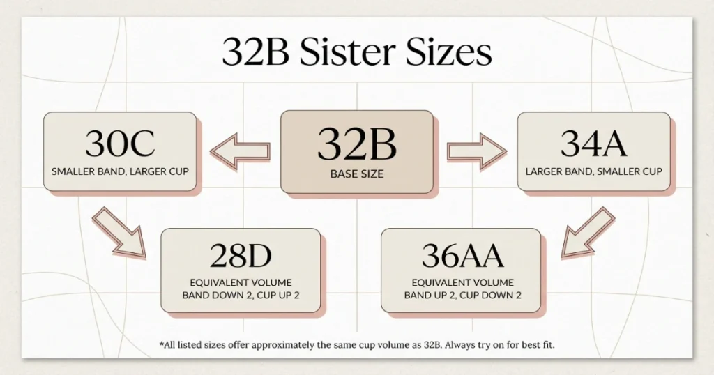 32B sister size chart showing 30C and 34A equivalent cup volume