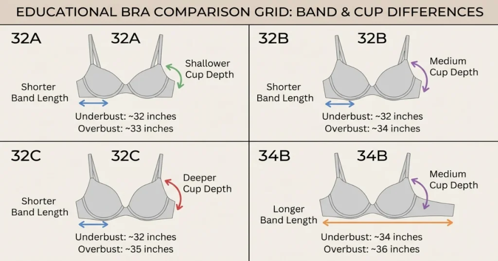 Comparison between 32A 32B 32C and 34B bra sizes