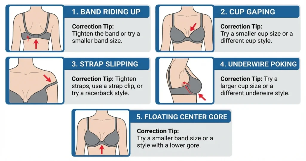 Common 32B bra fit problems diagram showing band ride up and cup gaping