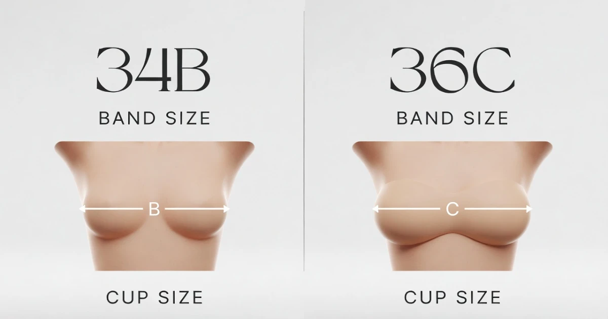 Breast size comparison visual showing 34B vs 36C with band and cup differences labeled