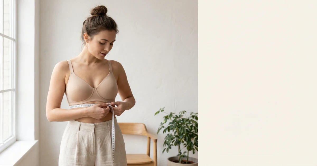 34C bra size measurement showing underbust and bust tape placement.