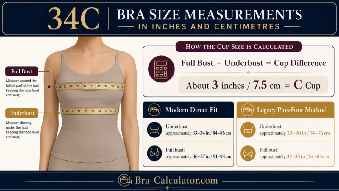 34C bra size measurement diagram showing underbust full bust and 3 inch cup difference