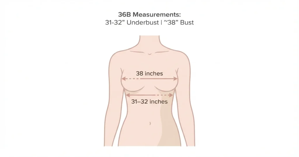 36B bra size measurement chart showing 31–32 inch underbust and 38 inch bust difference