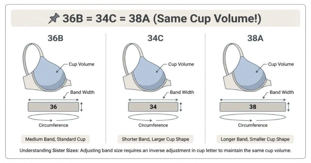36B vs 34C vs 38A sister size comparison showing equal cup volume and different band sizes