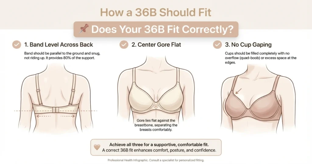 36B bra fit checklist showing proper band alignment and cup containment
