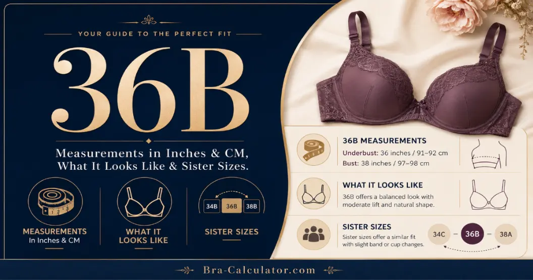 36B bra size guide hero graphic with measurements fit and sister sizes