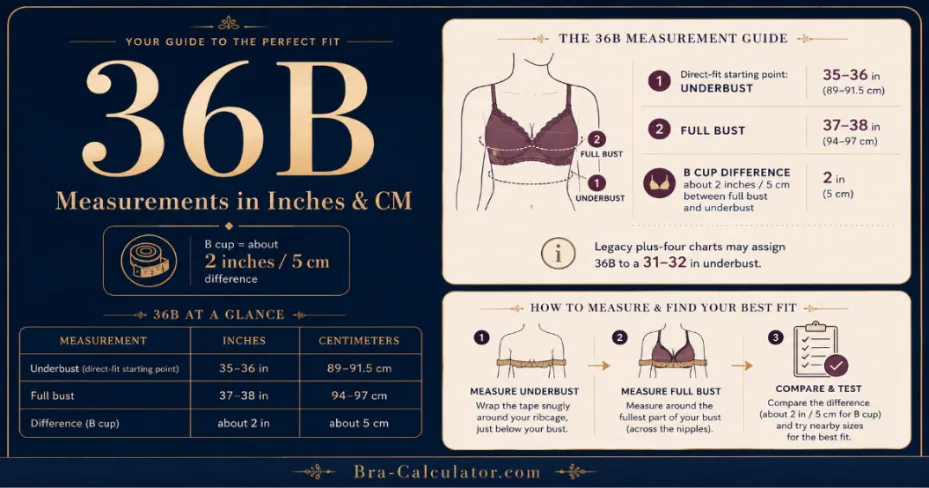 36B bra size measurement diagram showing underbust full bust and 2 inch cup difference