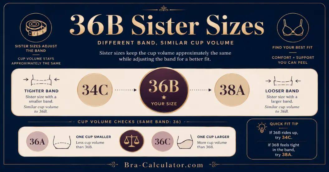 36B sister size chart showing 34C 36B and 38A