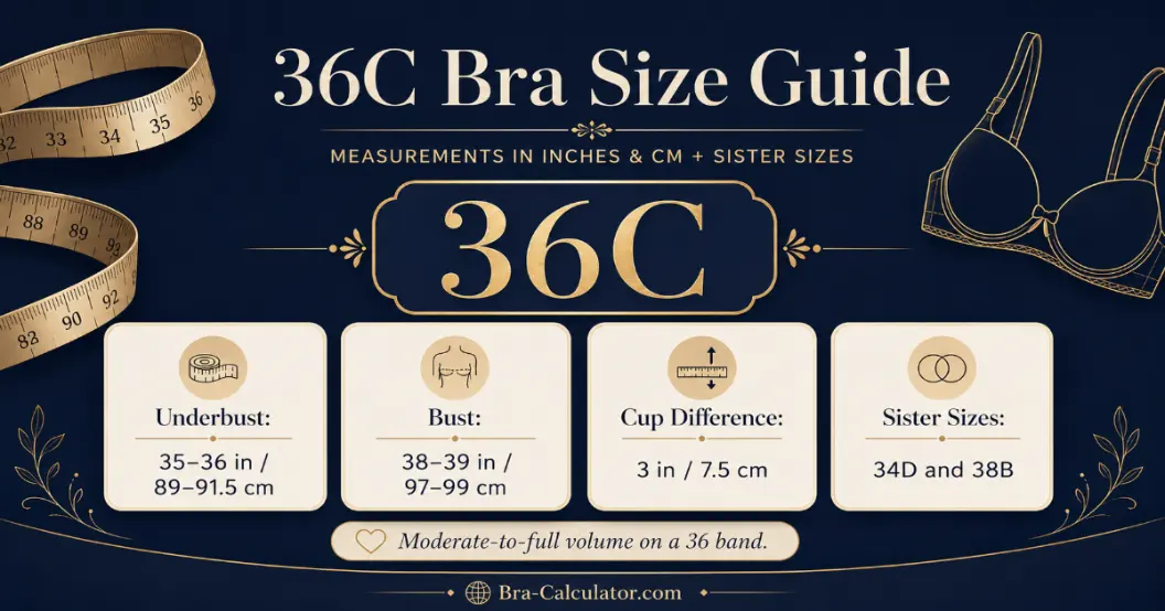 36C bra size guide hero graphic with measurements fit and sister sizes