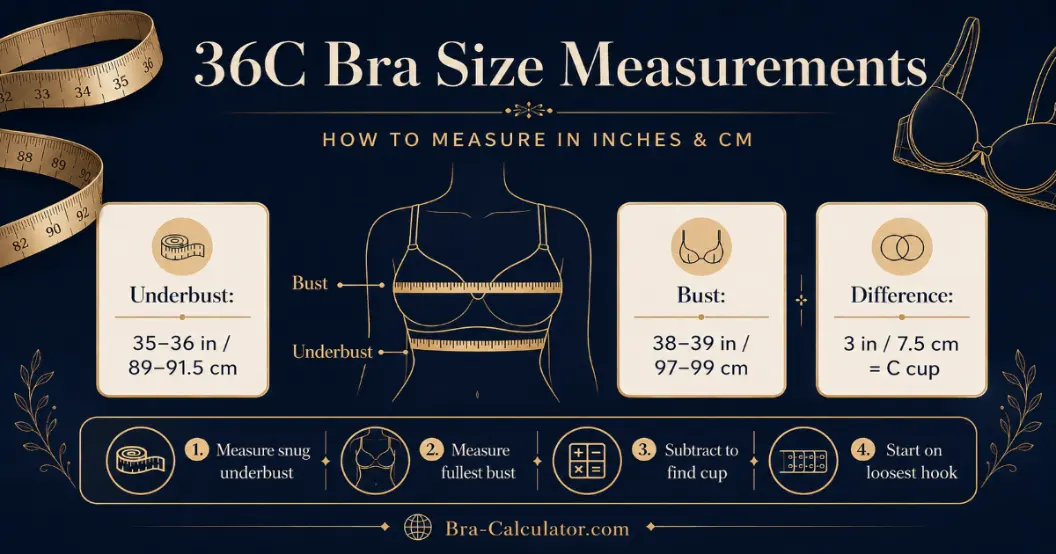 36C bra size measurement diagram showing underbust full bust and 3 inch cup difference