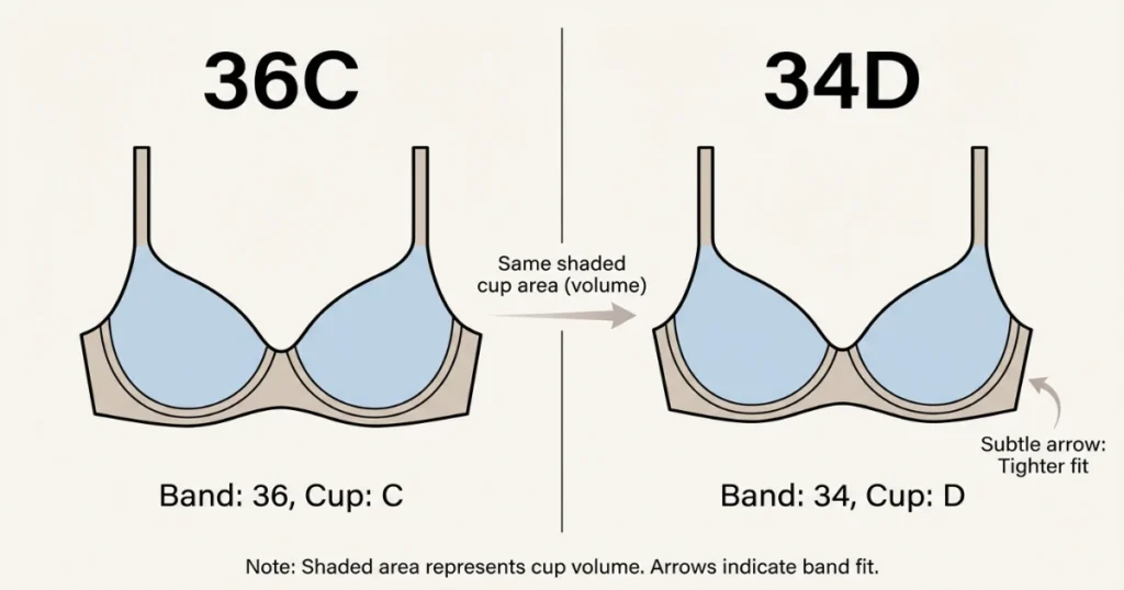 Side-by-side comparison showing 36C and 34D have same cup volume but different band sizes.
