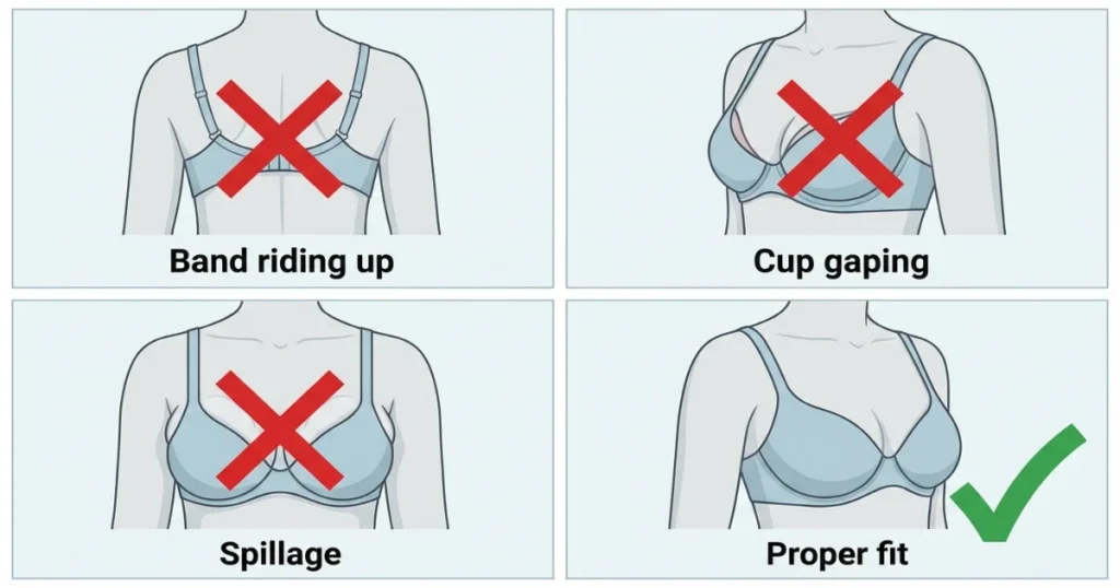 Visual guide showing common 36C fit problems and correct bra positioning.