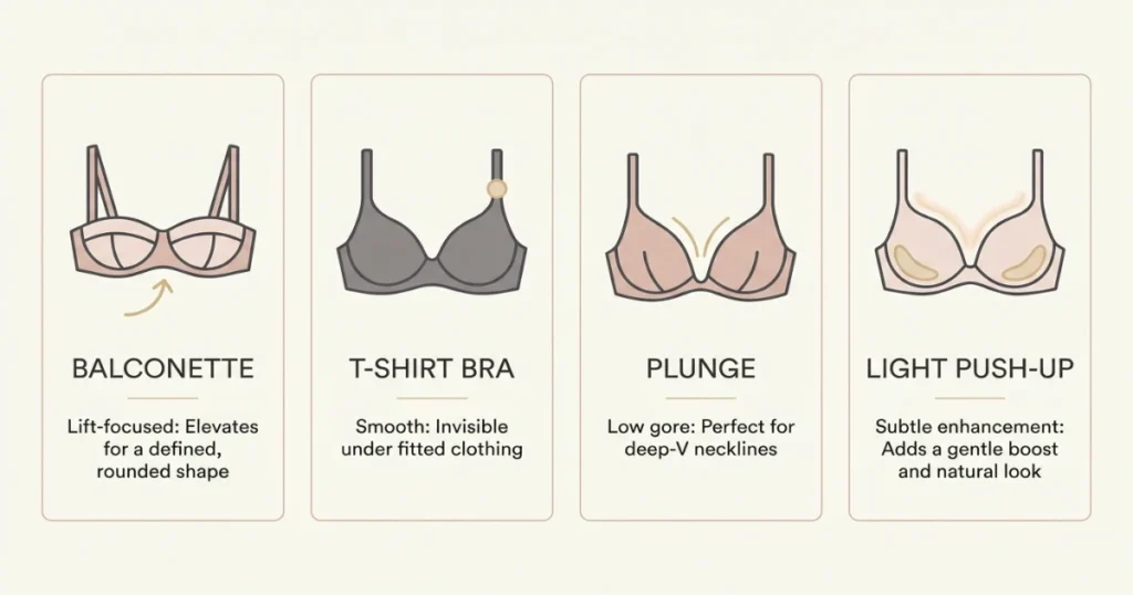 Illustrated comparison of best bra styles for 36C including balconette and plunge.