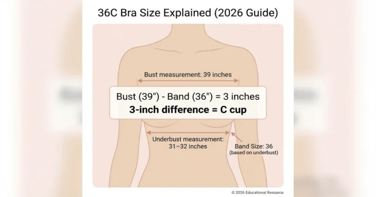 Educational infographic showing how 36C bra size equals 36 band and 3-inch bust difference.