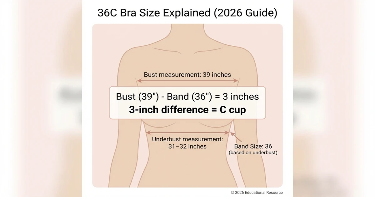 Educational infographic showing how 36C bra size equals 36 band and 3-inch bust difference.
