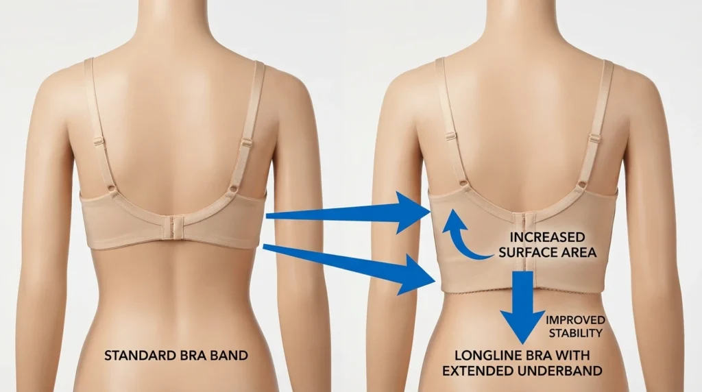 Longline bra providing extra band stability to prevent riding up