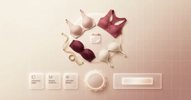 Bra Wardrobe Builder hero showing organized bra rotation planning with calendar, measuring tape, and lingerie categories