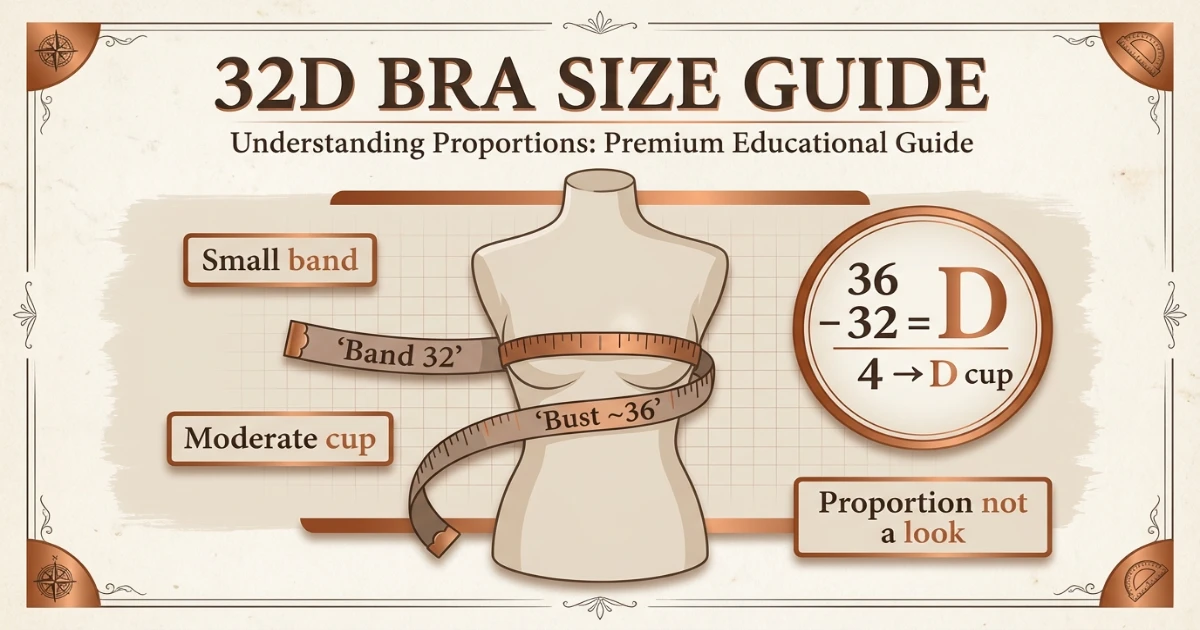 32D bra size measurements table in inches and centimeters for underbust, bust and difference