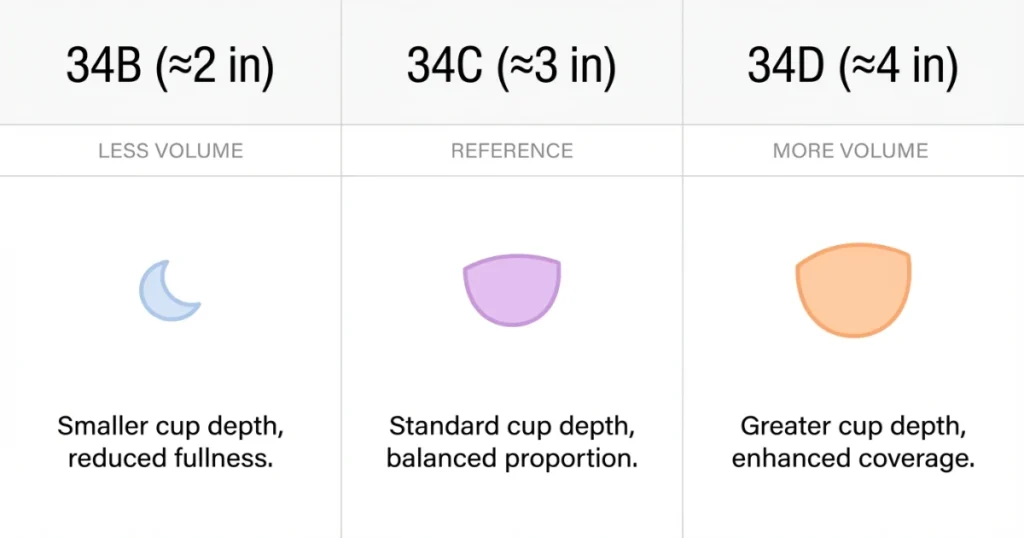 34C bra size measurement showing underbust and bust tape placement.