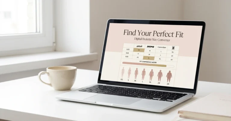 Bralette Size Converter tool showing 14 brand size comparison grid with confidence meter.