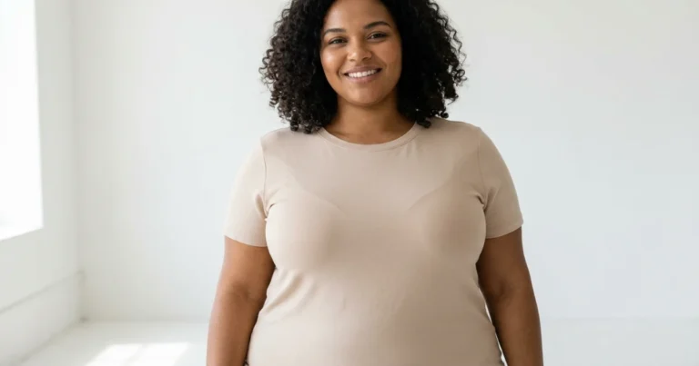 Plus size woman wearing a supportive bra with firm lift and wide band stability