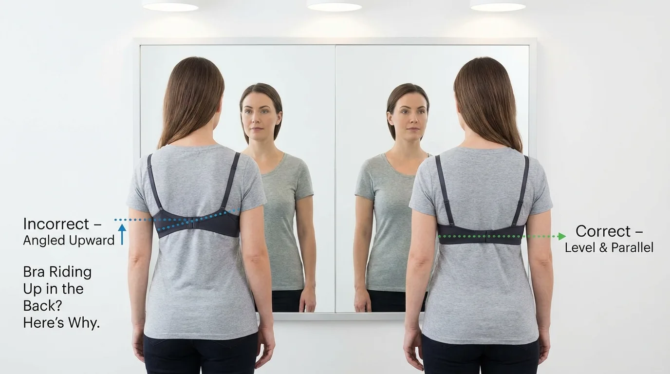 Bra band riding up vs correct horizontal bra band comparison