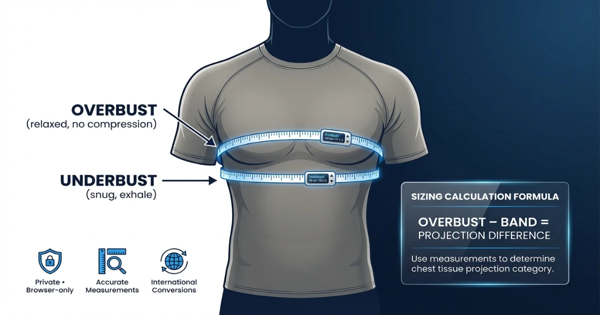 Educational infographic showing underbust and overbust measuring points for gynecomastia compression sizing.