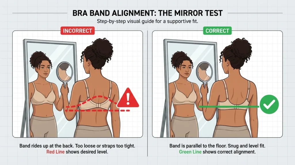 Mirror test showing correct vs riding up bra band alignment