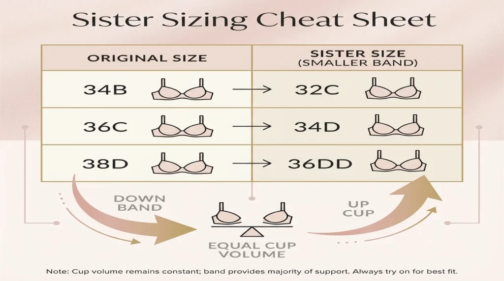 Sister sizing chart showing how to adjust band and cup size