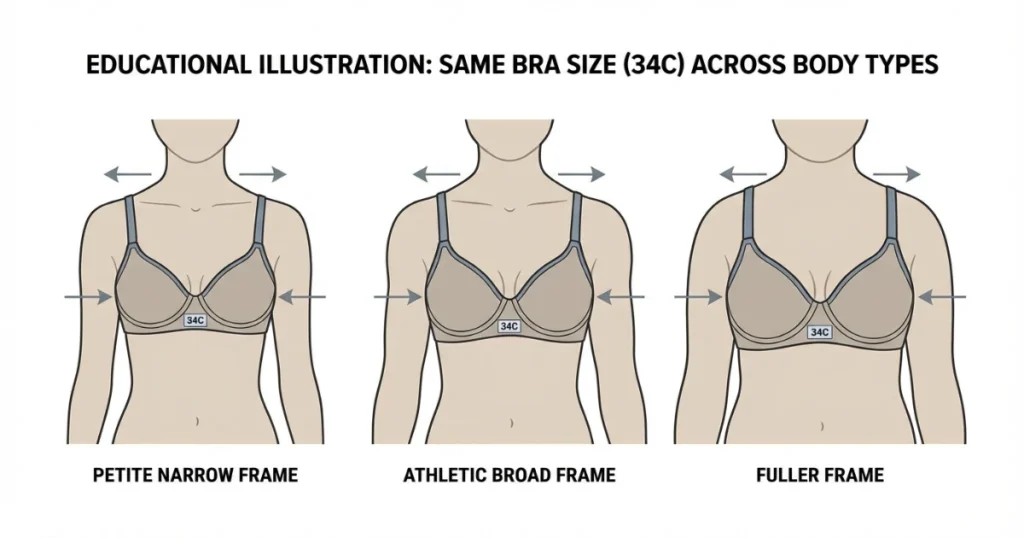Same 34C bra size shown on different body types for comparison