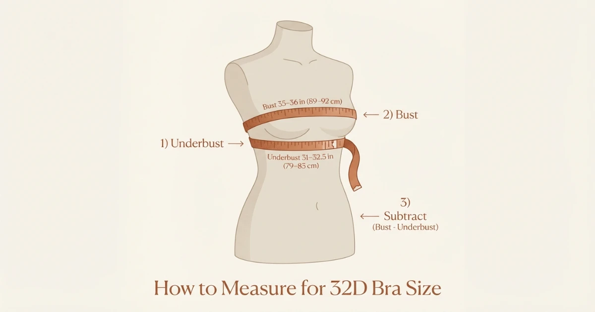 How to measure for 32D bra size showing underbust and bust tape placement