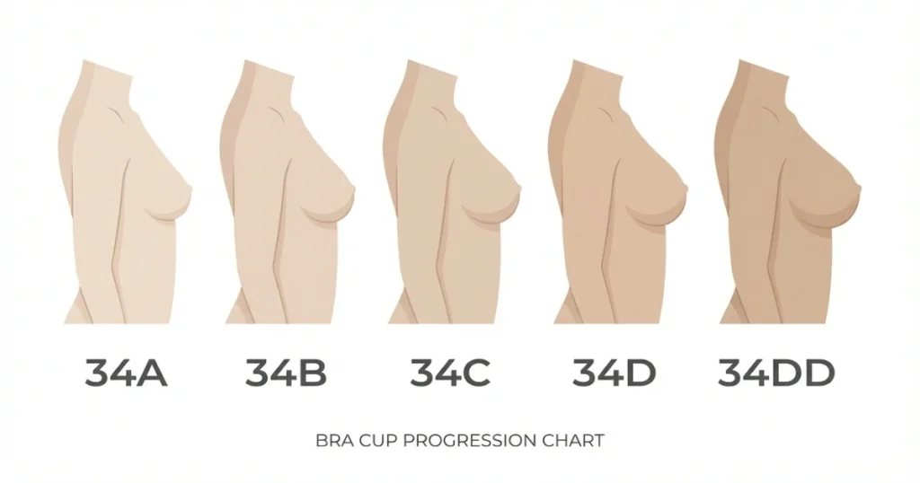 Bra cup size comparison chart showing 34A through 34DD progression