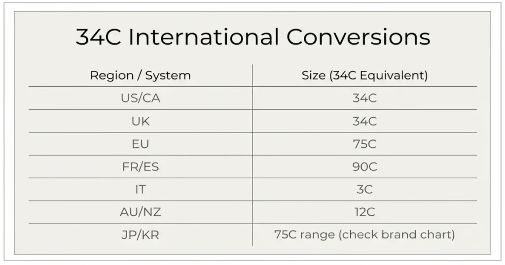 34C bra size measurement showing underbust and bust tape placement.